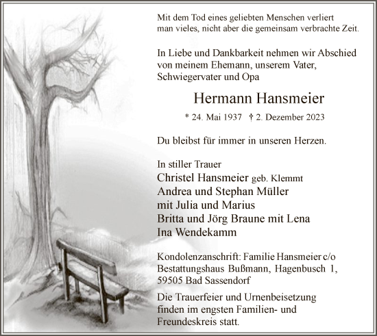 Todesanzeige von Hermann Hansmeier von WA