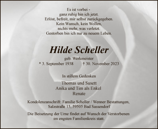 Todesanzeige von Hilde Scheller von WA