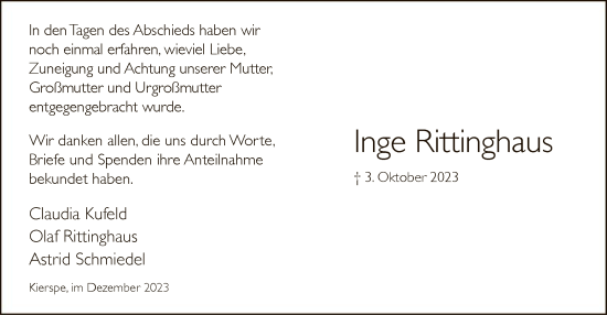 Todesanzeige von Inge Rittinghaus von WA