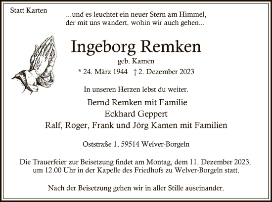 Todesanzeige von Ingeborg Remken von WA