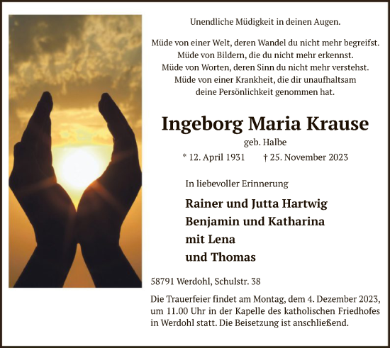 Todesanzeige von Ingeborg Maria Krause von WA