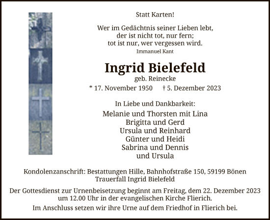 Todesanzeige von Ingrid Bielefeld von WA