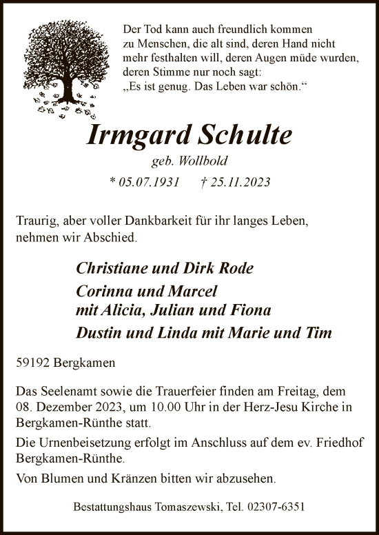 Todesanzeige von Irmgard Schulte von WA