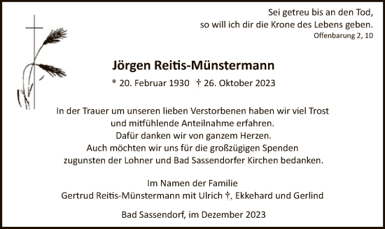 Todesanzeige von Jörgen Reitis-Münstermann von WA