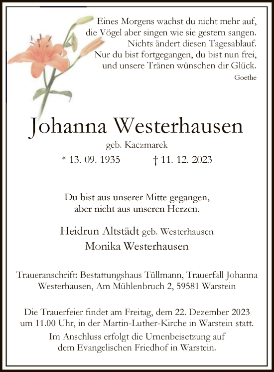 Todesanzeige von Johanna Westerhausen von WA
