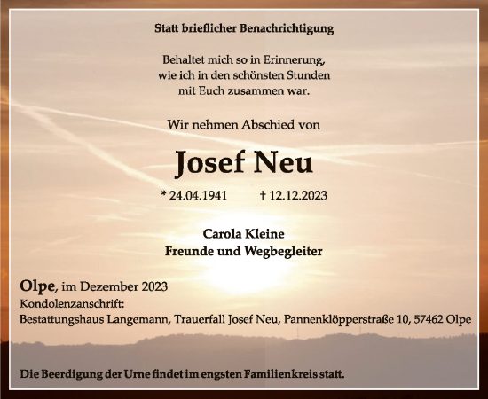 Todesanzeige von Josef Neu von WA