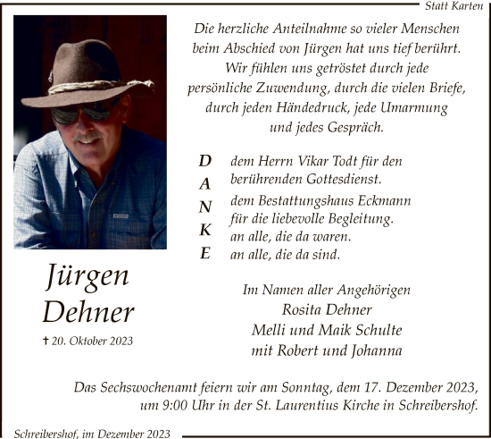 Todesanzeige von Jürgen Dehner von WA
