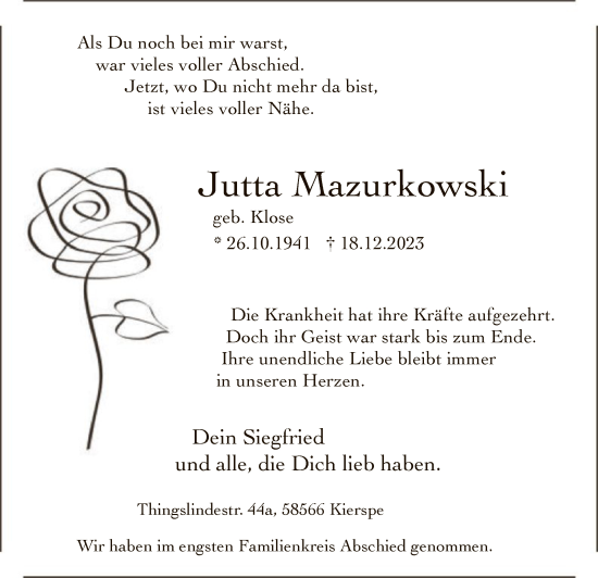 Todesanzeige von Jutta Mazurkowski von WA