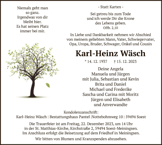 Todesanzeige von Karl-Heinz Wäsch von WA