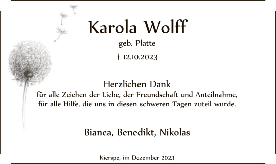 Todesanzeige von Karola Wolff von WA