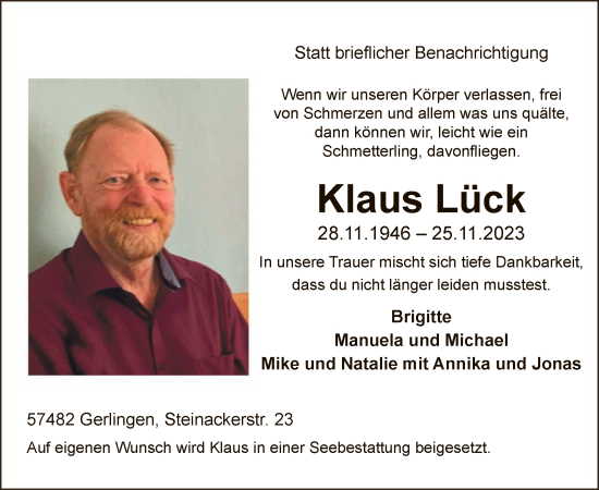 Todesanzeige von Klaus Lück von WA