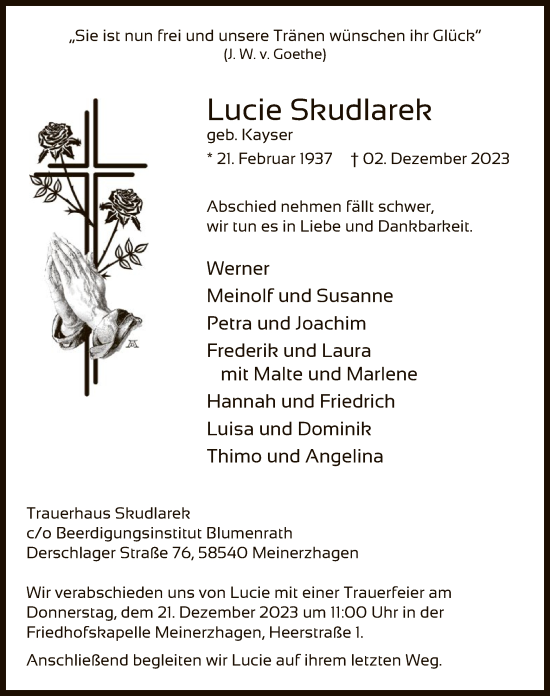 Todesanzeige von Lucie Skudlarek von WA