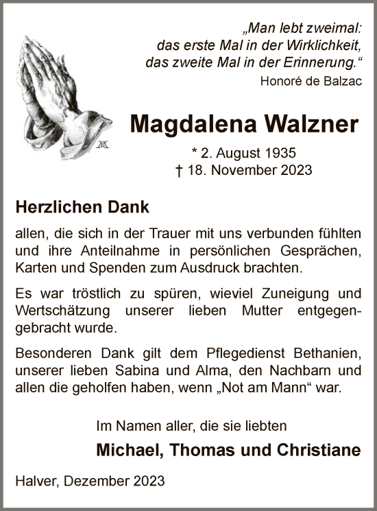 Todesanzeige von Magdalena Walzner von WA