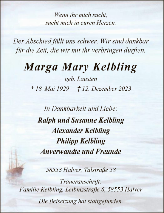 Todesanzeige von Marga Mary Kelbling von WA