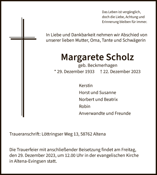 Todesanzeige von Margarete Scholz von WA