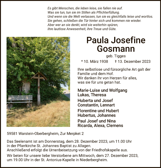Todesanzeige von Paula Josefine Gosmann von WA
