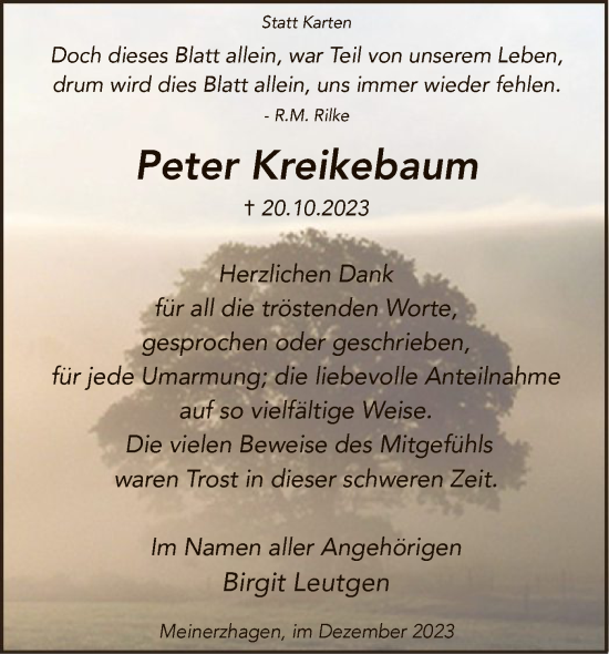 Todesanzeige von Peter Kreikebaum von WA