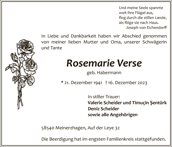 Todesanzeige von Rosemarie Verse von WA