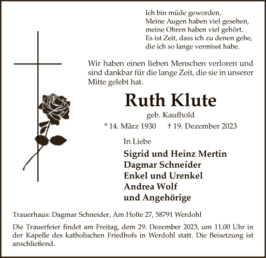 Todesanzeige von Ruth Klute von WA