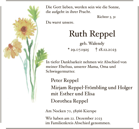Todesanzeige von Ruth Reppel von WA