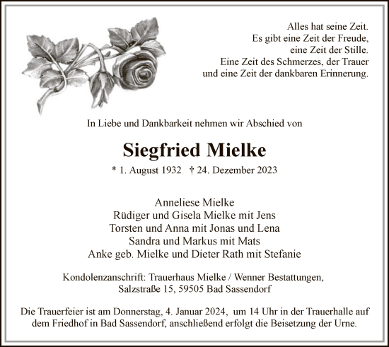 Todesanzeige von Siegfried Mielke von WA