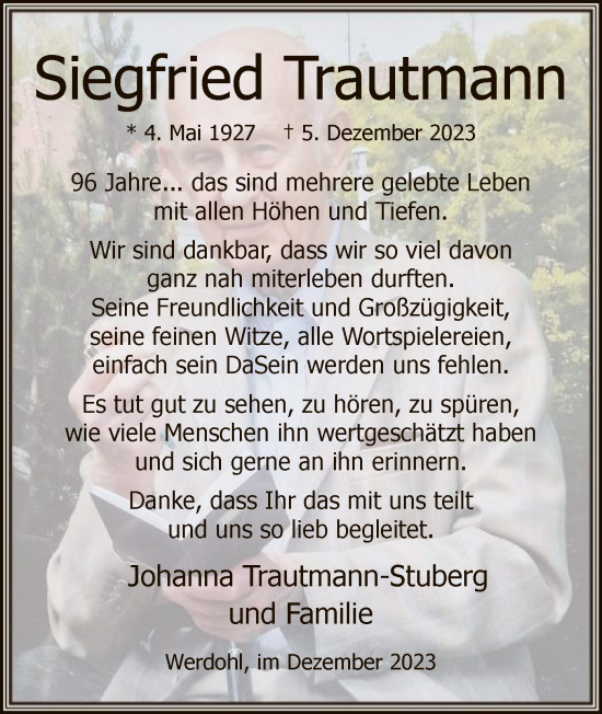 Todesanzeige von Siegfried Trautmann von WA