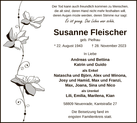 Todesanzeige von Susanne Fleischer von WA