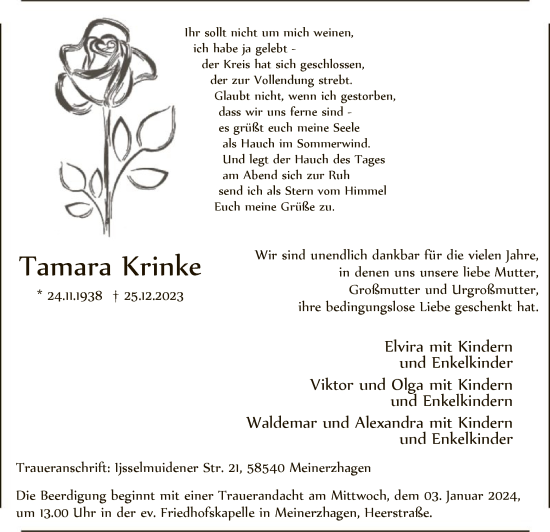 Todesanzeige von Tamara Krinke von WA