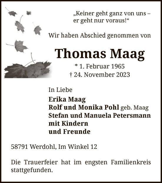 Todesanzeige von Thomas Maag von WA