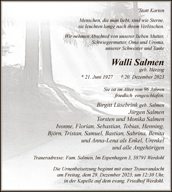 Todesanzeige von Walli Salmen von WA