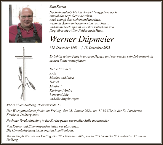 Todesanzeige von Werner Düpmeier von WAWA