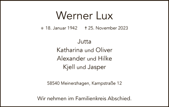 Todesanzeige von Werner Lux von WA