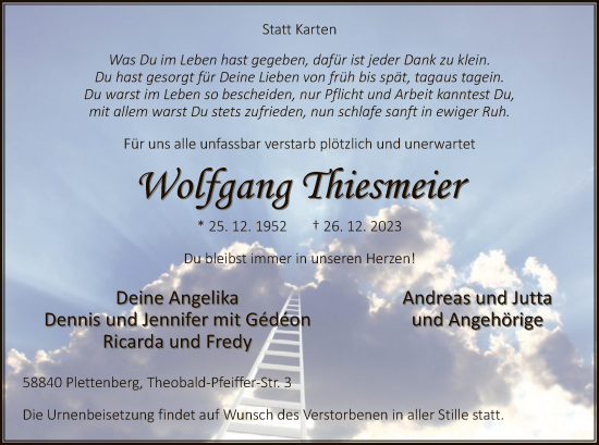 Todesanzeige von Wolfgang Thiesmeier von WA