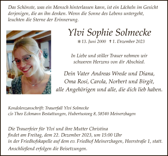 Todesanzeige von Ylvi Sophie Solmecke von WA