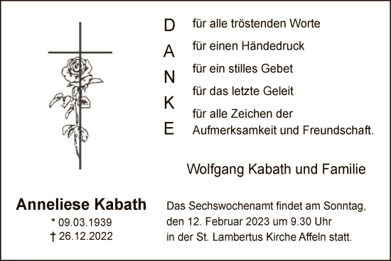 Todesanzeige von Anneliese Kabath von WA