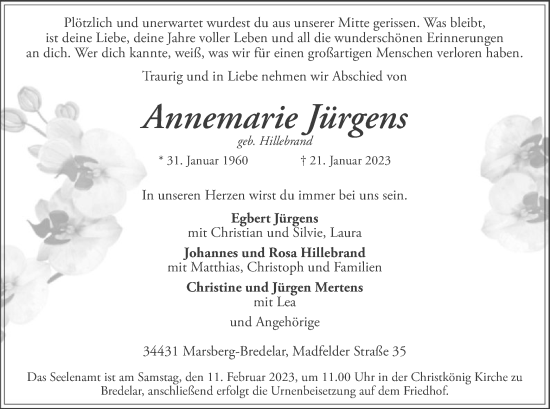 Todesanzeige von Annemarie Jürgens von WA