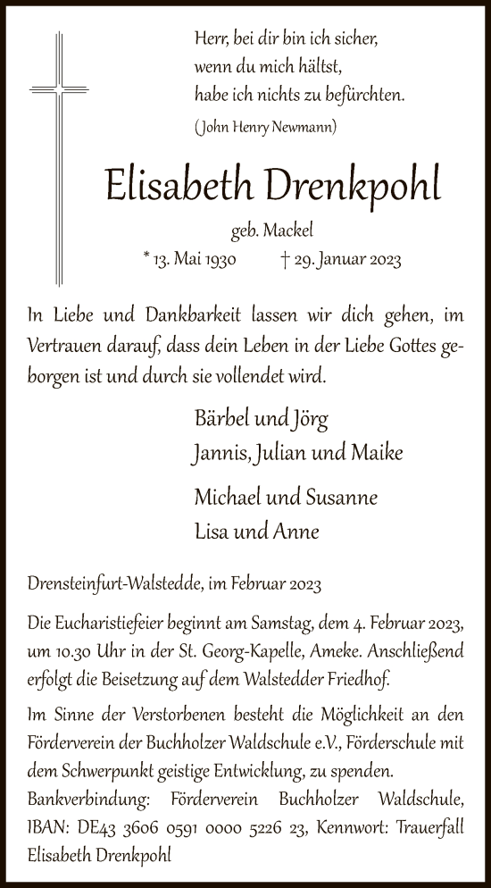 Todesanzeige von Elisabeth Drenkpohl von WA
