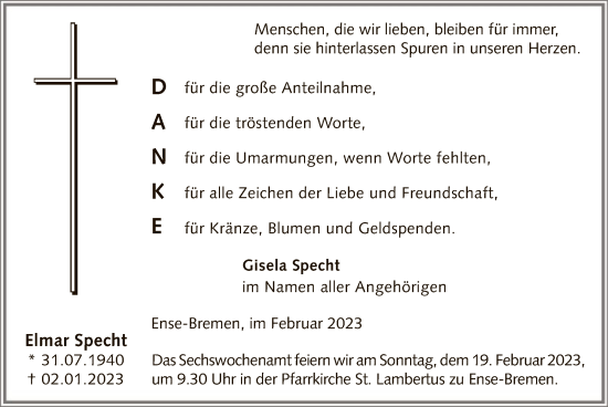 Todesanzeige von Elmar Specht von WA