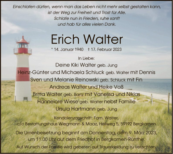 Todesanzeige von Erich Walter von WA