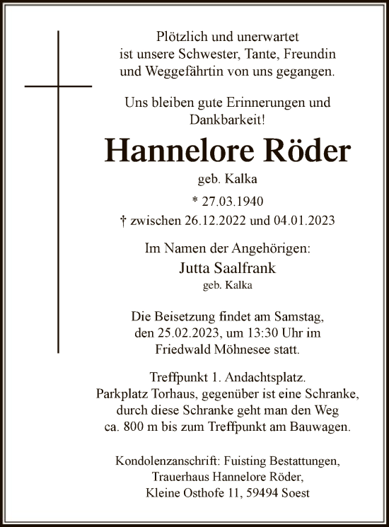 Todesanzeige von Hannelore Röder von WA