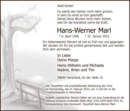 Todesanzeige von Hans-Werner Marl von WA