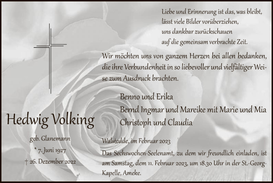 Todesanzeige von Hedwig Volking von WA