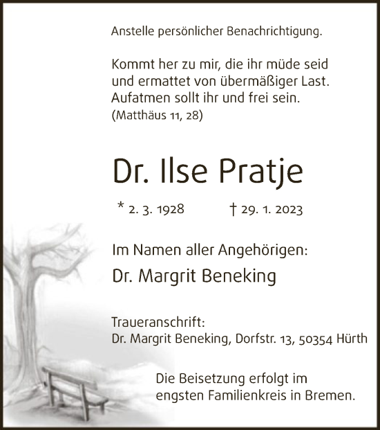 Todesanzeige von Ilse Pratje von WA