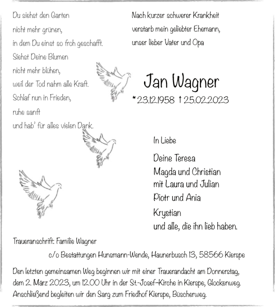 Todesanzeige von Jan Wagner von WA