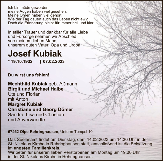 Todesanzeige von Josef Kubiak von WA