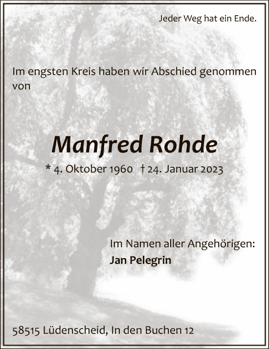 Todesanzeige von Manfred Rohde von WA