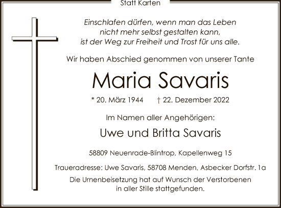 Todesanzeige von Maria Savaris von WA