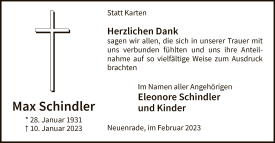 Todesanzeige von Max Schindler von WA