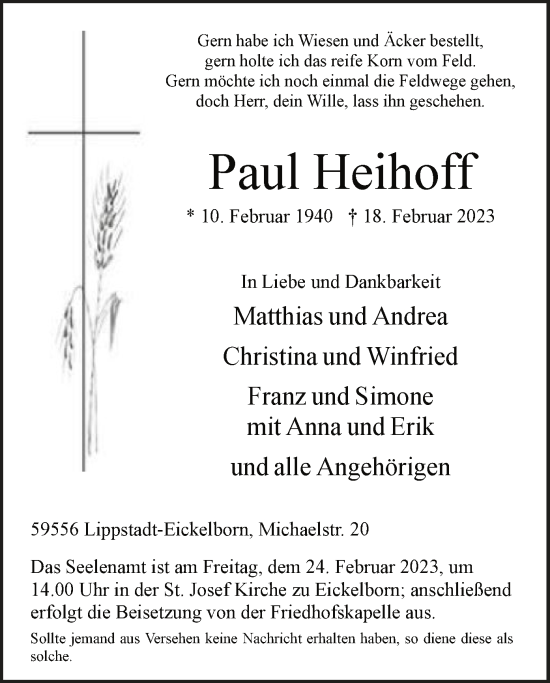 Todesanzeige von Paul Heihoff von WA