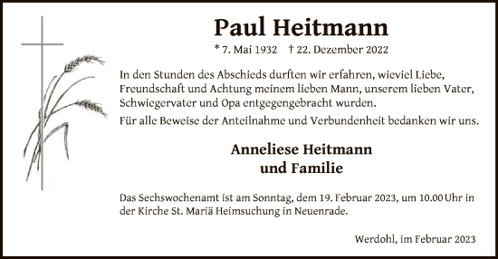 Todesanzeige von Paul Heitmann von WA